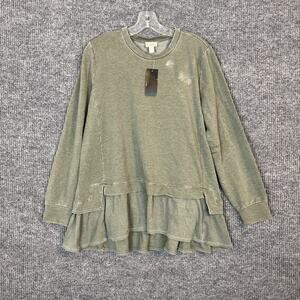 LOGO by Lori Goldstein French Terry Top with Rib Knit Hem Thyme Womens Sz Medium